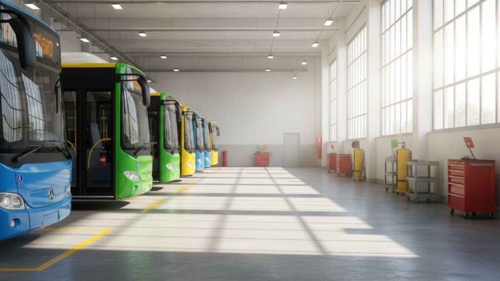 Buses urbanos equipados con sistemas FirePro en centro logístico