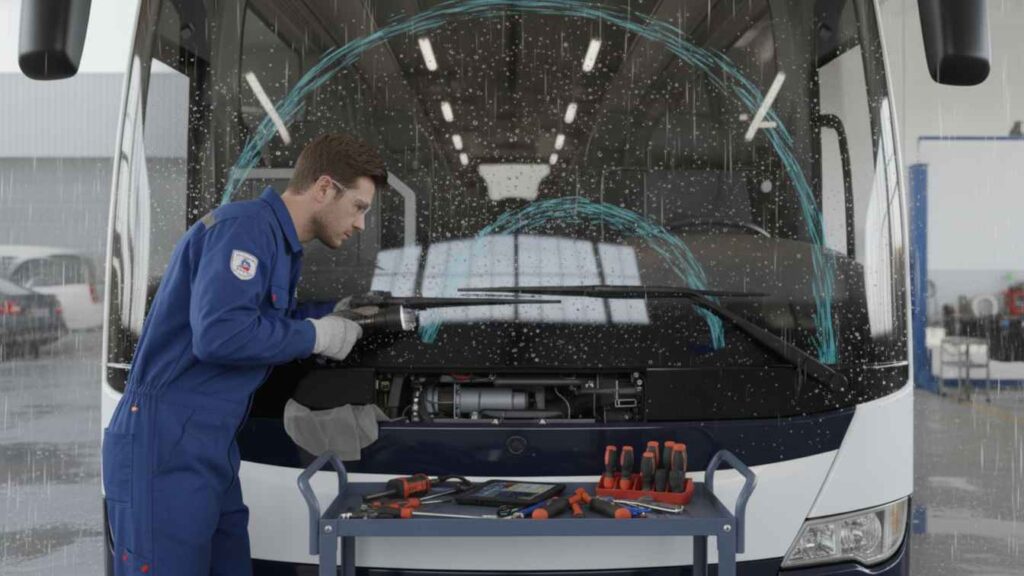 Inspección técnica del sistema limpiaparabrisas para buses
