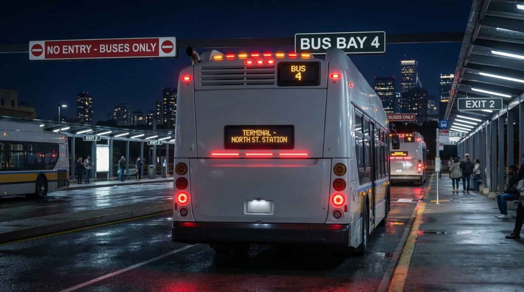 Faros posteriores y luces de señalización de un bus urbano.