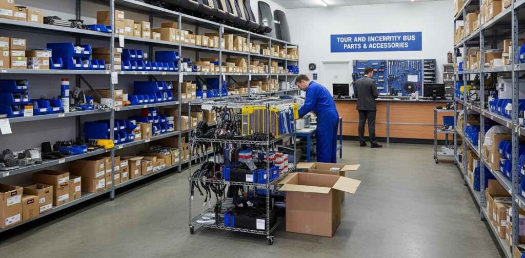 Imagen realista del interior de un distribuidor autorizado de autopartes, repuestos y accesorios para autobuses turísticos e interprovinciales. Que no se muestren llantas ni motores en la imagen. No deben verse marcas, banderas ni neumáticos.